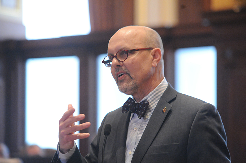 Senator Dave Koehler (D-Peoria) speaks in support of Senate Bill 10, the Religious Freedom and Marriage Fairness Act, during debate Thursday on the Senate floor.